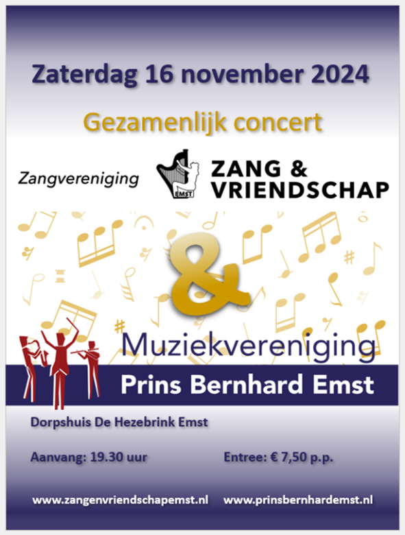 Gezamenlijk concert harmonieorkest Prins Bernhard en Zang en Vriendschap Emst